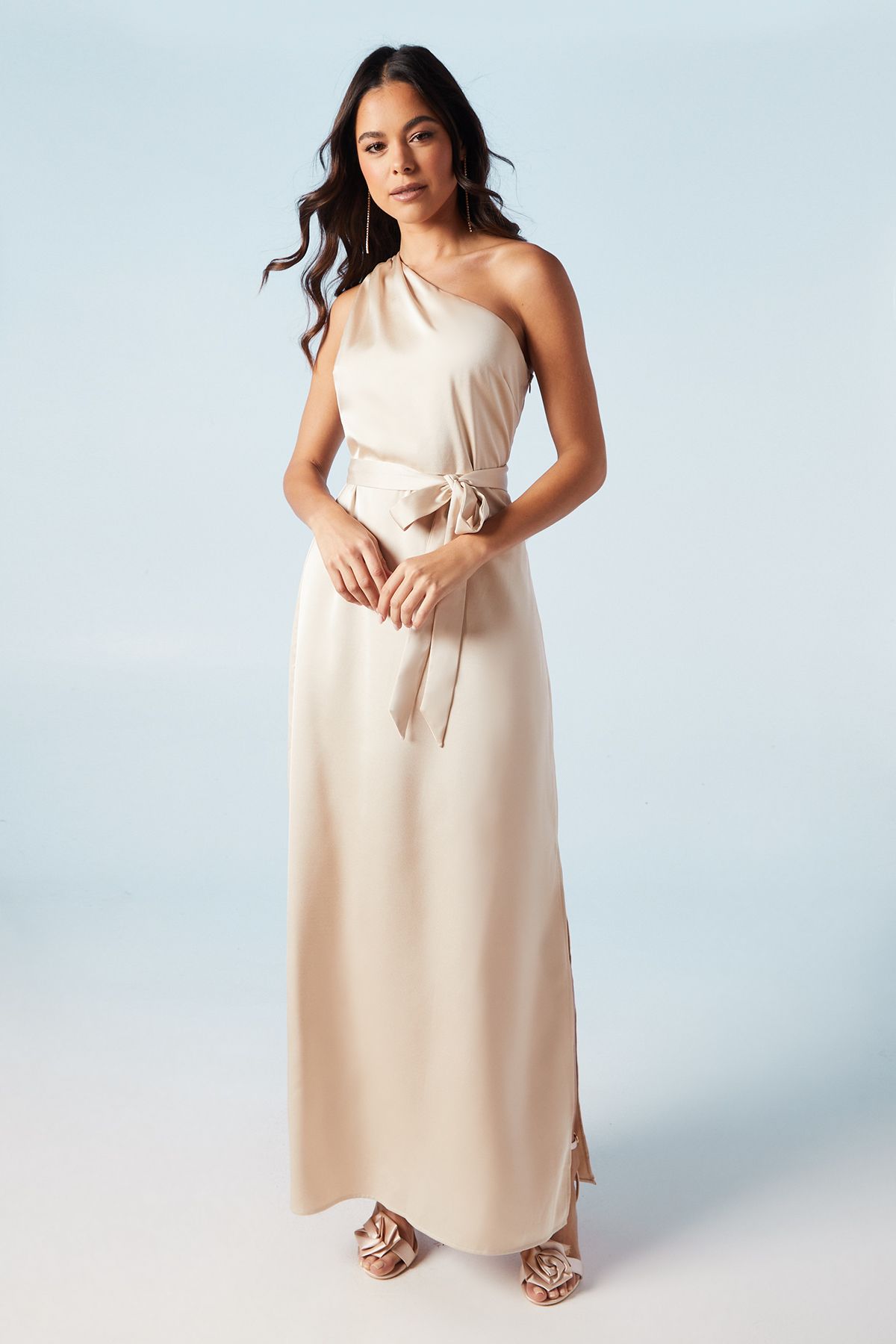 Oasis Oasis by Coast One Shoulder Satin Maxi Bridesmaid Dress Champagne