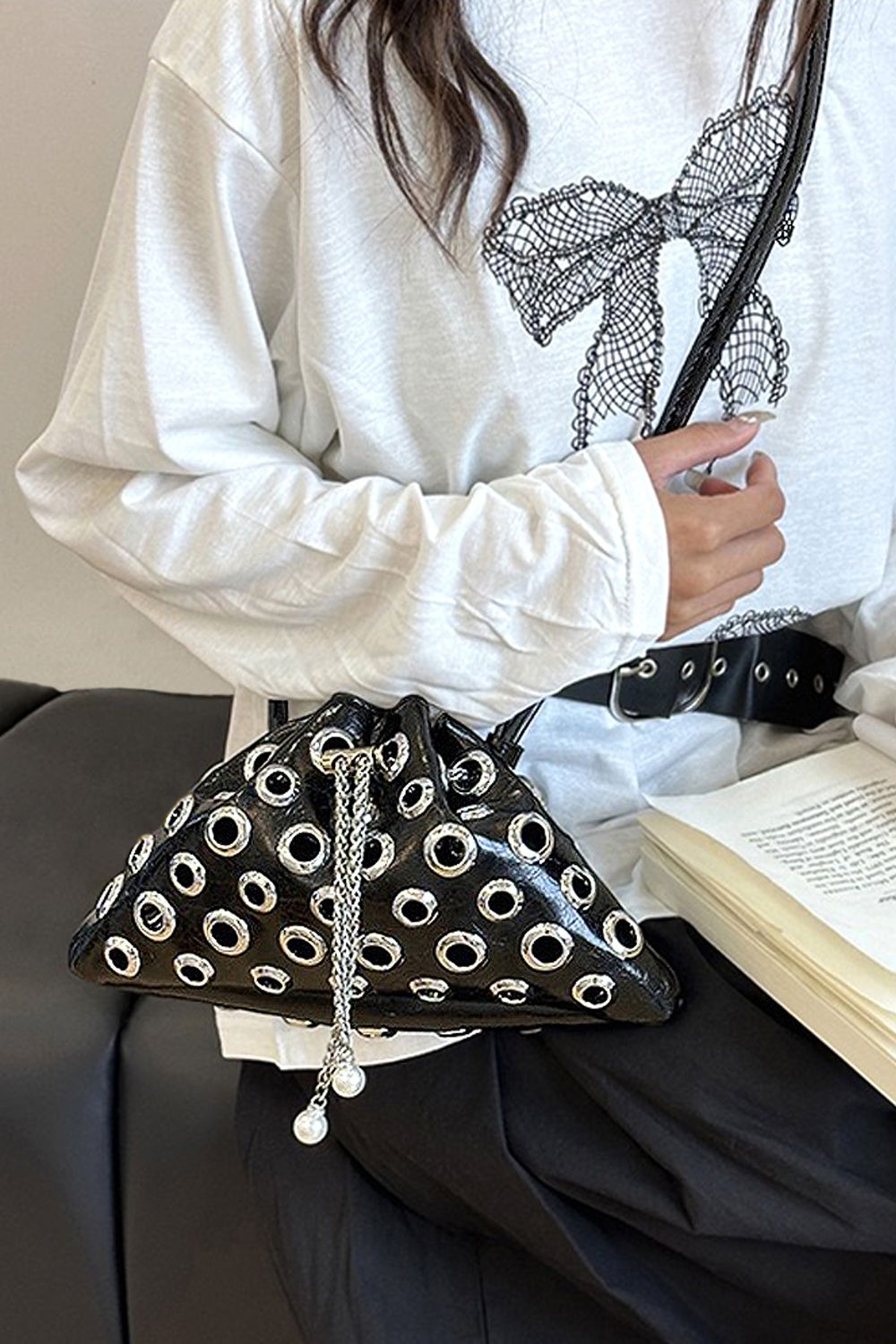 XY London 'Janieka' Drawstring Chain Shoulder Bag with Eyelet Studs image 3