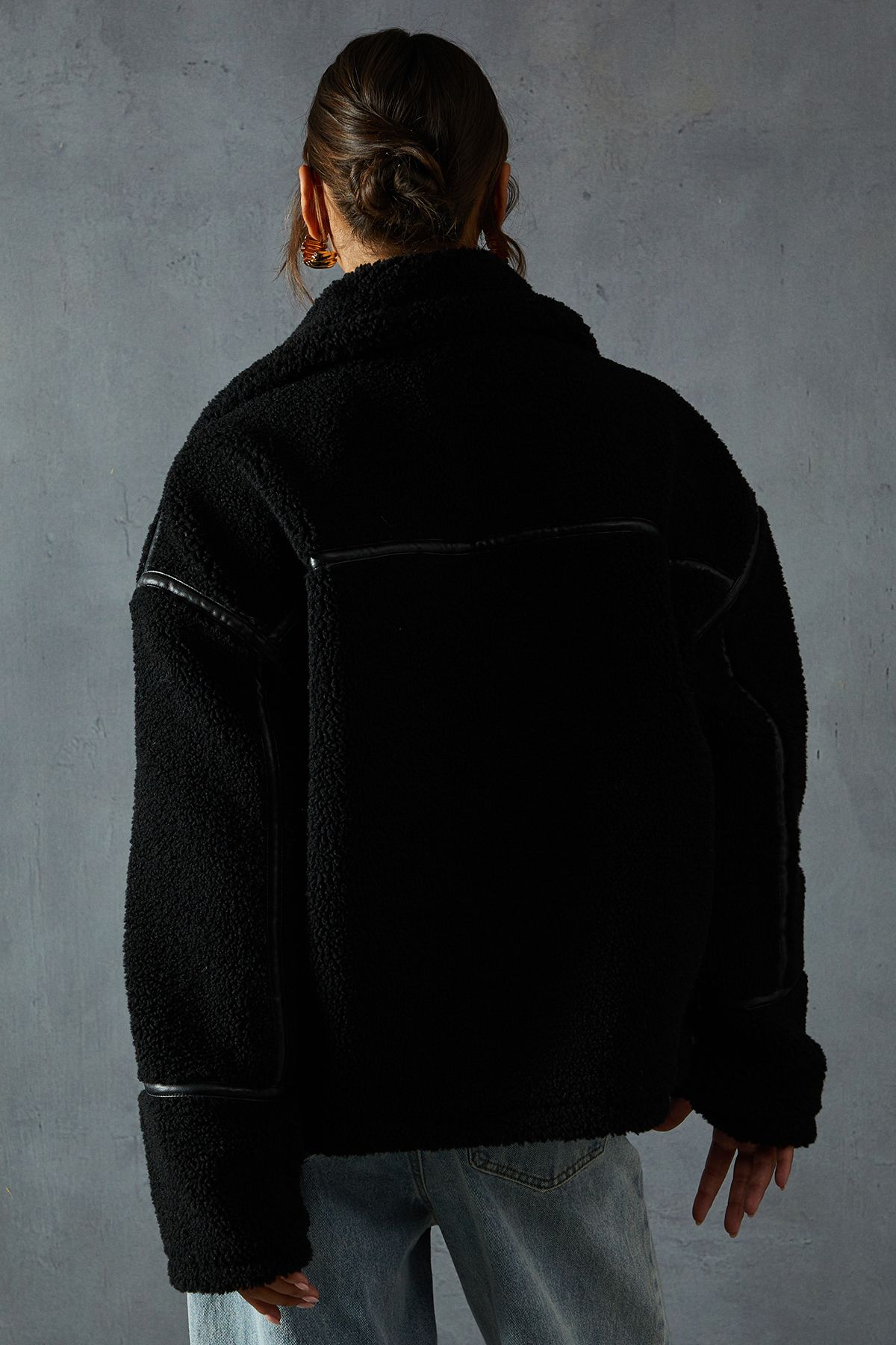 MissPap Teddy Faux Fur Aviator Jacket Black image 3