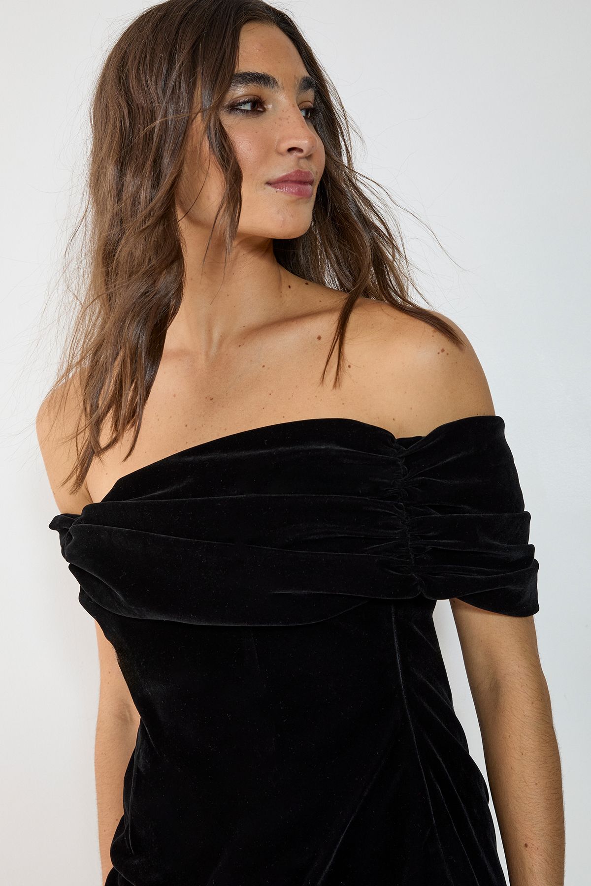 NastyGal Velvet Ruched Off The Shoulder Mini Dress Black image 3