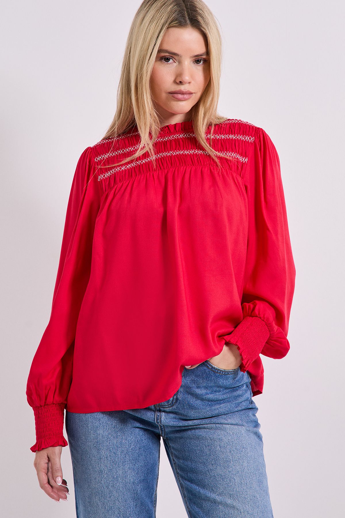 Dorothy Perkins Contrast Stitching Shirred Yoke Long Sleeve Blouse Berry