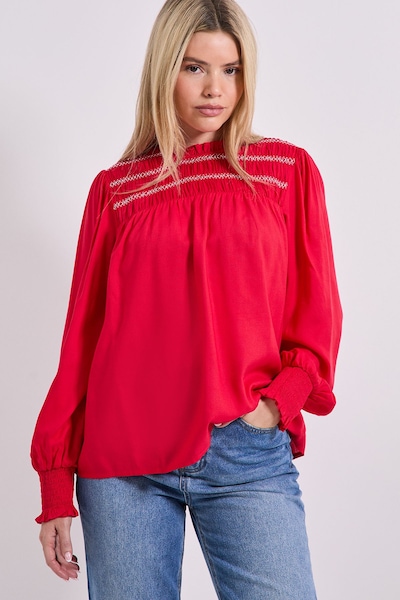 Dorothy Perkins Contrast Stitching Shirred Yoke Long Sleeve Blouse Berry