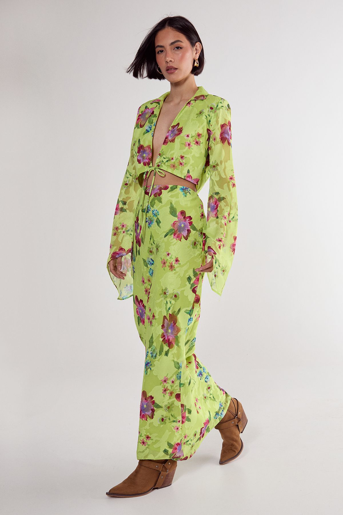 NastyGal Floral Burnout Tie Front Fluted Sleeve Crop Top Lime image 2