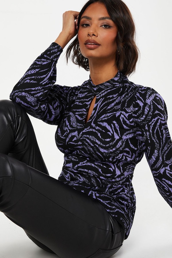 Dorothy Perkins Blue Zebra Keyhole Long Sleeve Top Zebra