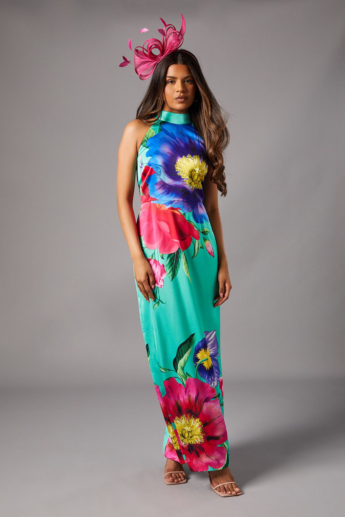 Coast Petite Tie Neck Satin Maxi Dress Green image 1