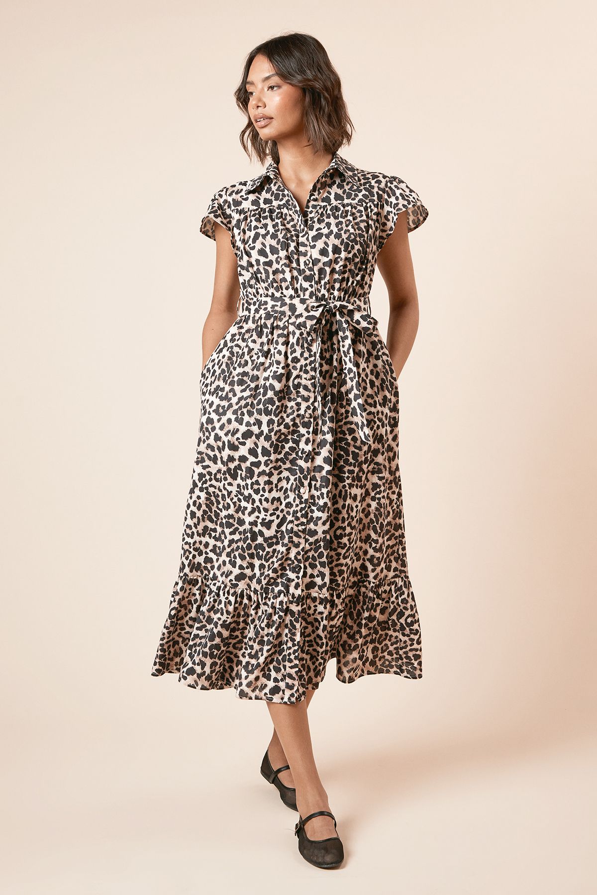 Dorothy Perkins Leopard Frill Sleeve Belted Midi Shirt Dress Leopard image 1