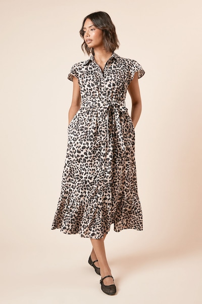 Dorothy Perkins Leopard Frill Sleeve Belted Midi Shirt Dress Leopard