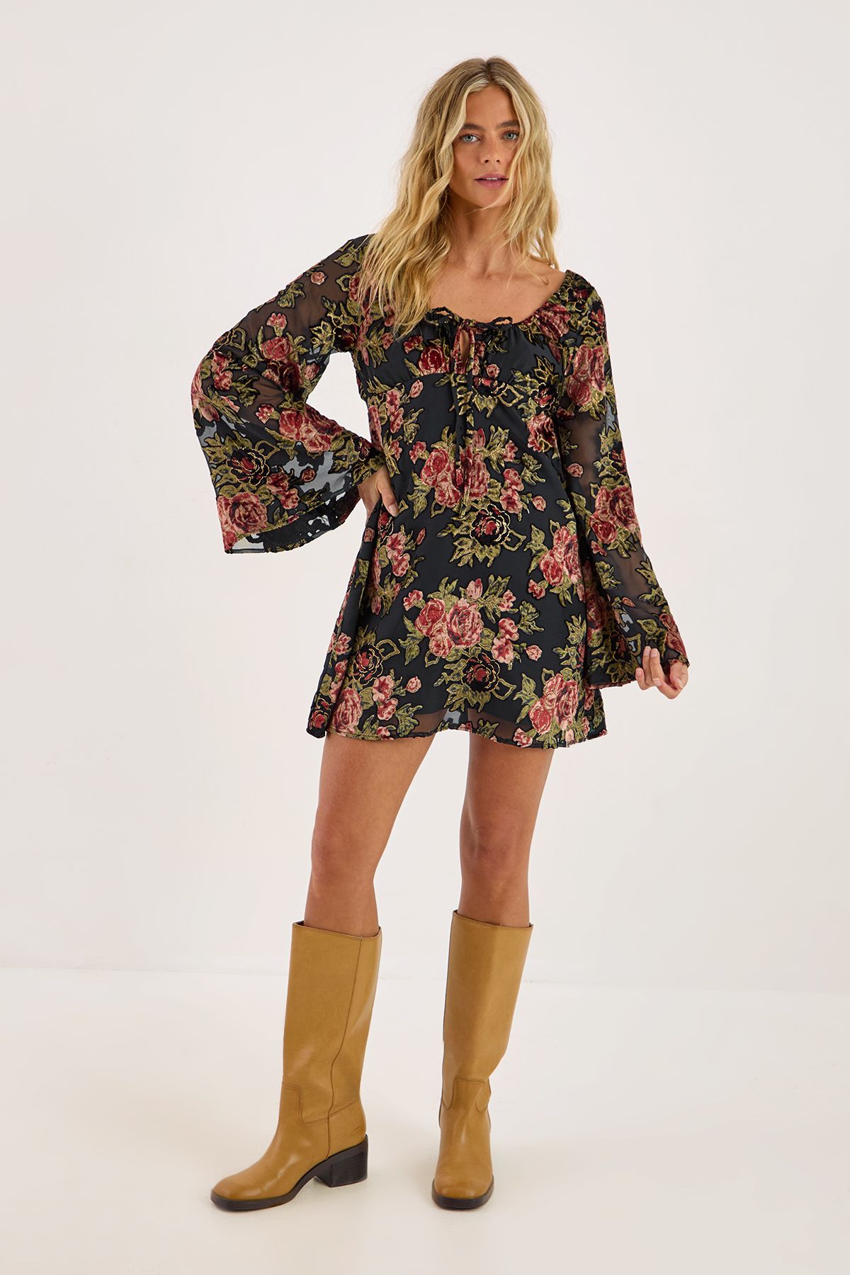 NastyGal Floral Devore Tie Front Fluted Sleeve Mini Dress Black image 2