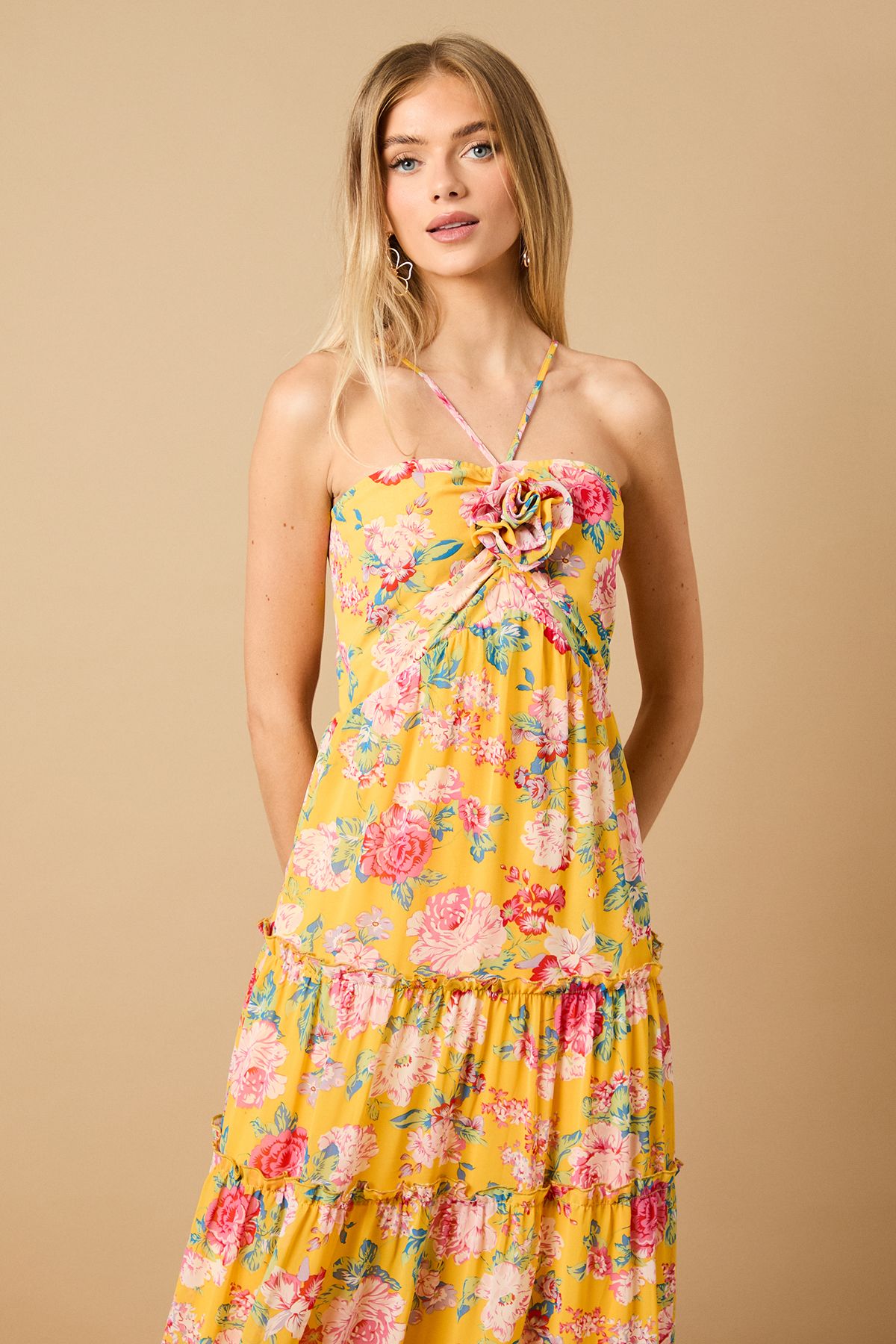 Oasis Rosette Detail Halterneck Midi Dress Yellow image 2