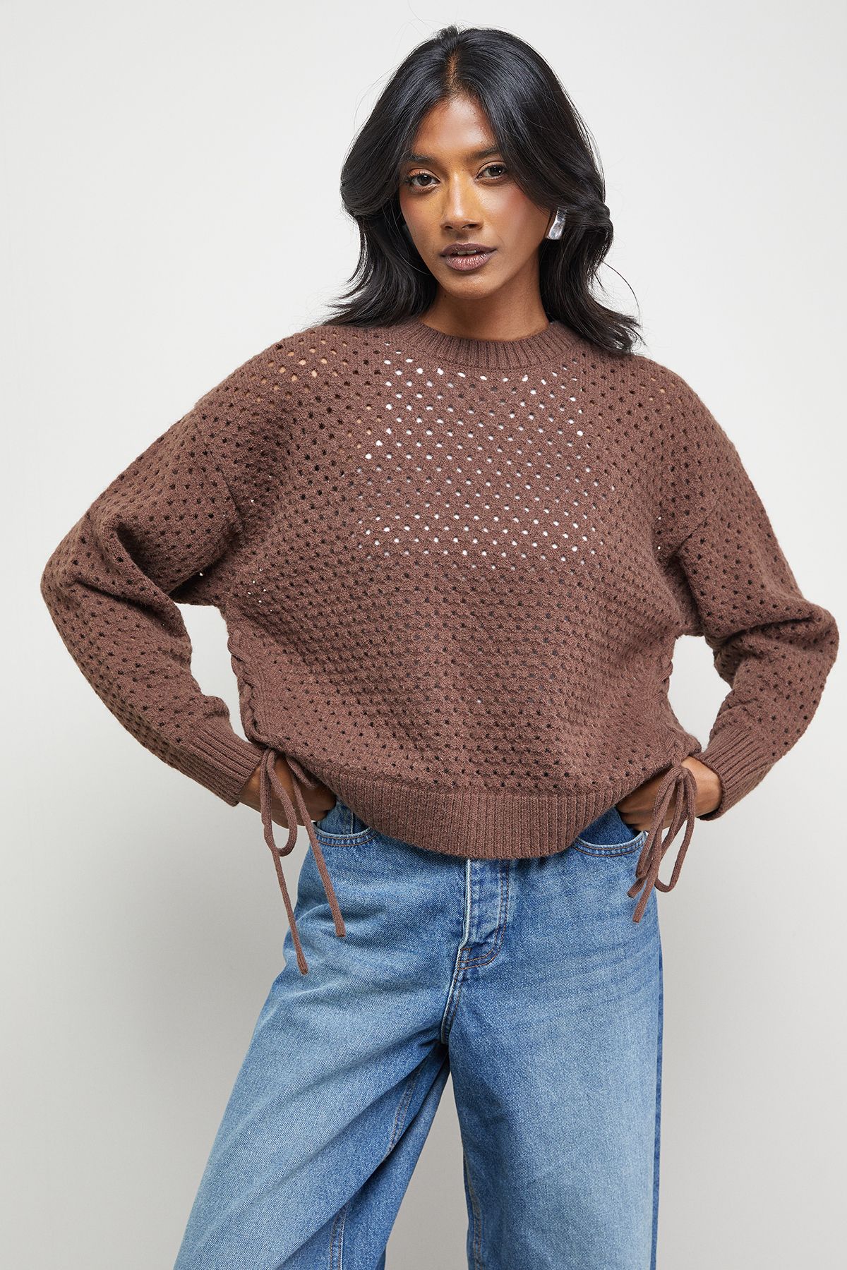 Warehouse Open Stitch Tie Side Jumper Chocolate