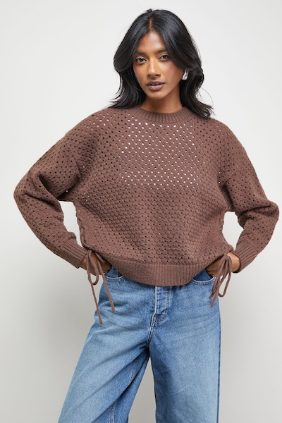 Warehouse Open Stitch Tie Side Jumper Chocolate