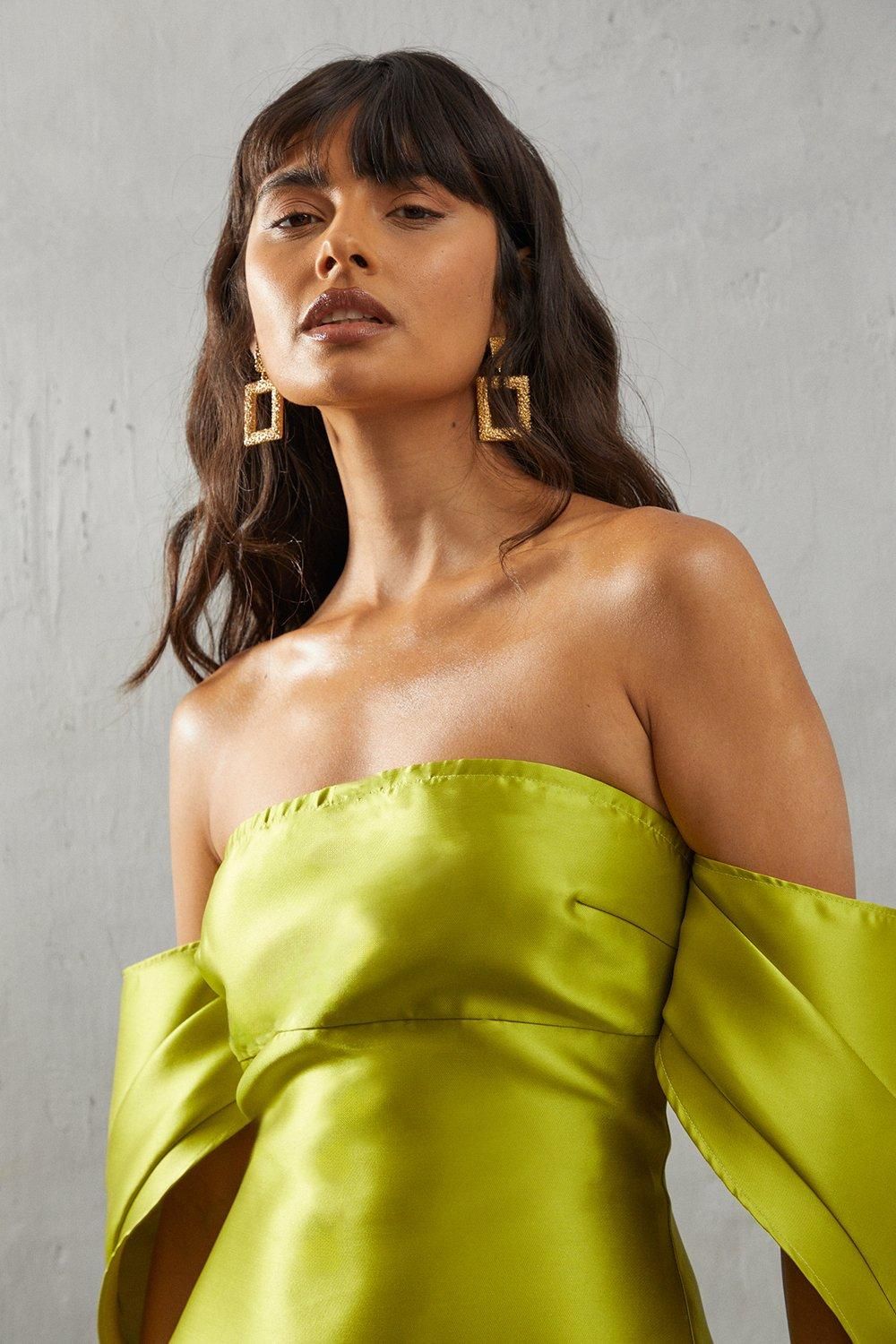 Warehouse Structured Puff Sleeve Bardot Midi Dress Chartreuse image 4