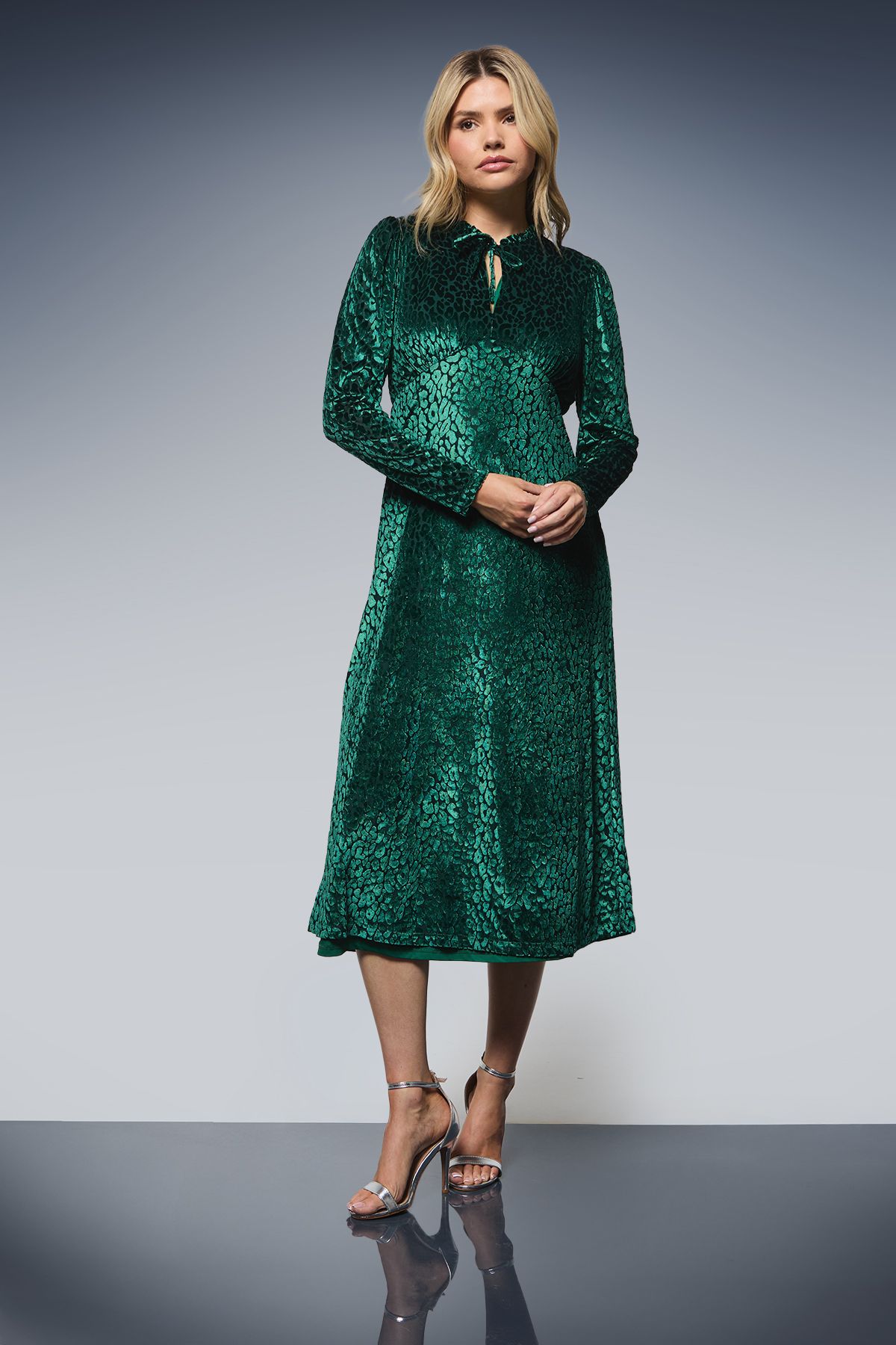 Dorothy Perkins Leopard Burnout Long Sleeve Midi Dress Green image 1