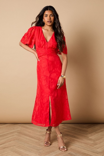 Oasis Petite Button Jacquard Midi Dress Red