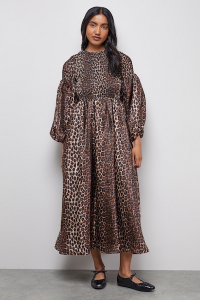 Warehouse Textured Organza Shirred Midaxi Dress Brown