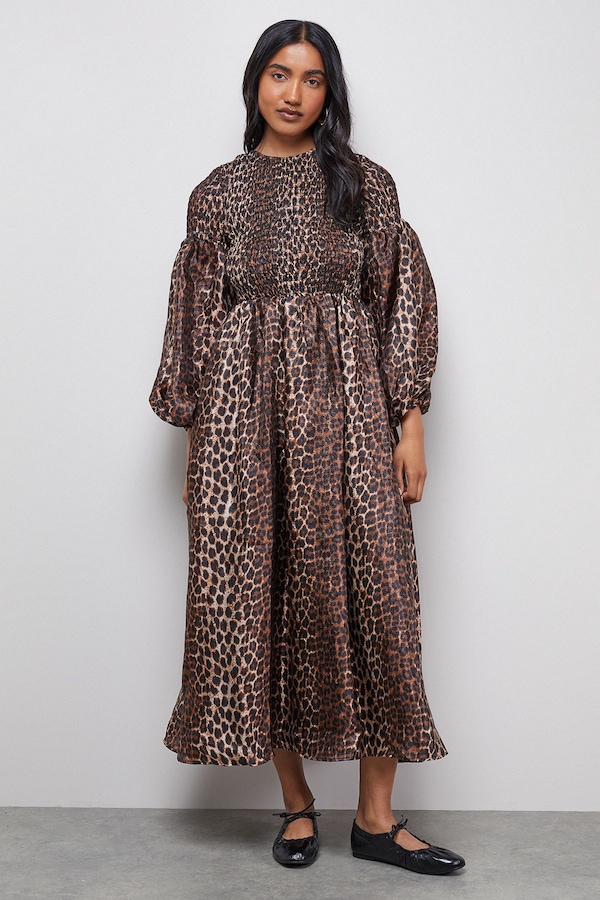 Warehouse Textured Organza Shirred Midaxi Dress Brown