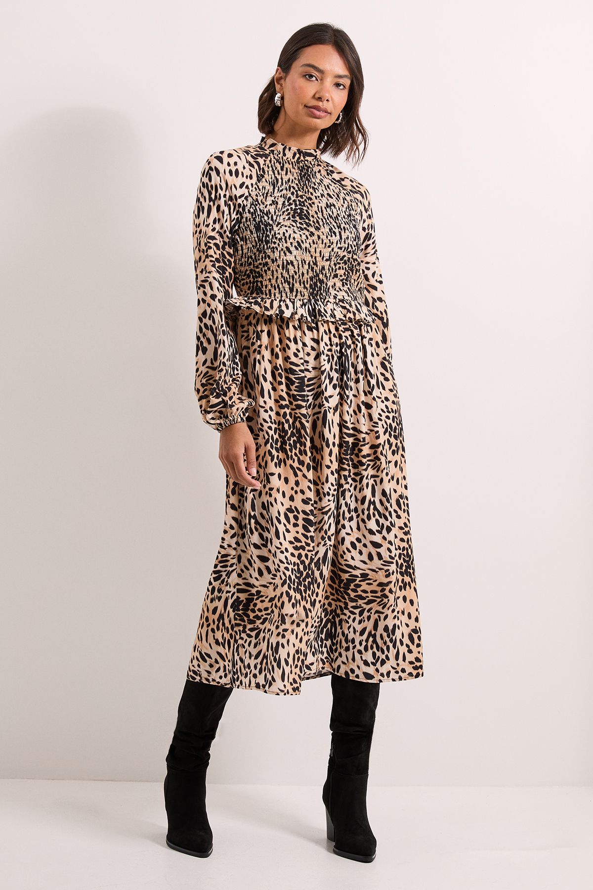 Dorothy Perkins Pink Animal Shirred Bodice Frill Detail Midi Dress Animal image 1