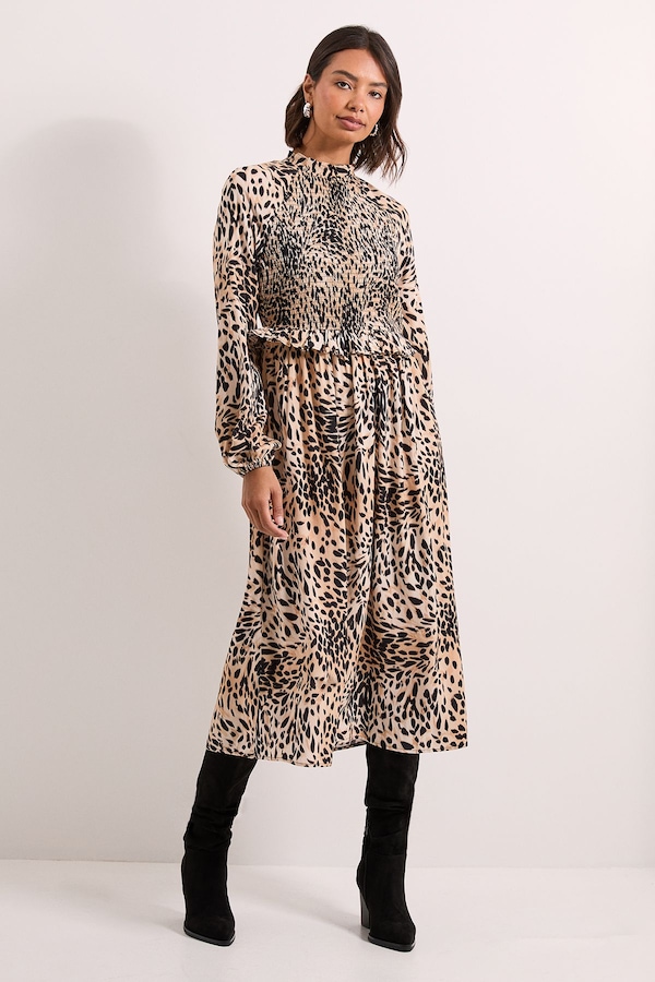 Dorothy Perkins Pink Animal Shirred Bodice Frill Detail Midi Dress Animal