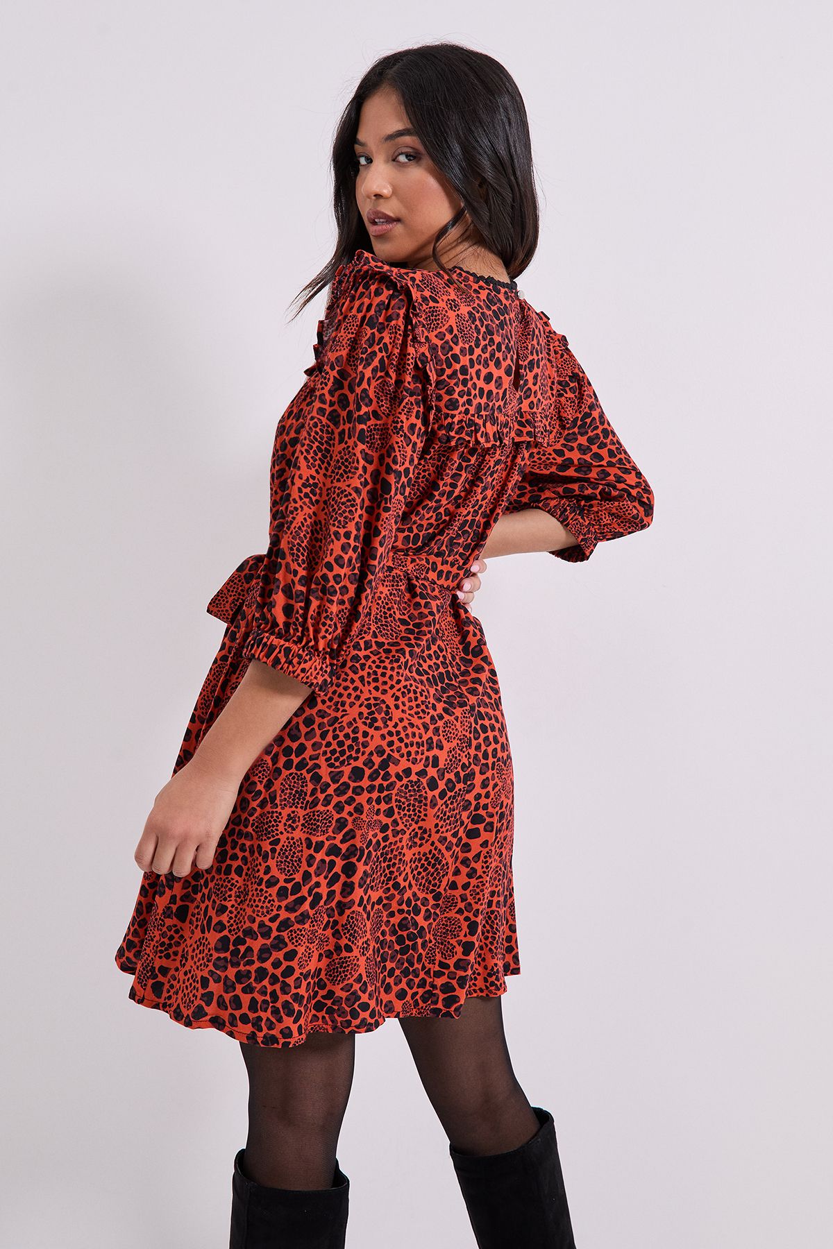 Dorothy Perkins Petite Tie Waist Yoke Frill Detail Printed Belted Mini Dresss Orange image 3