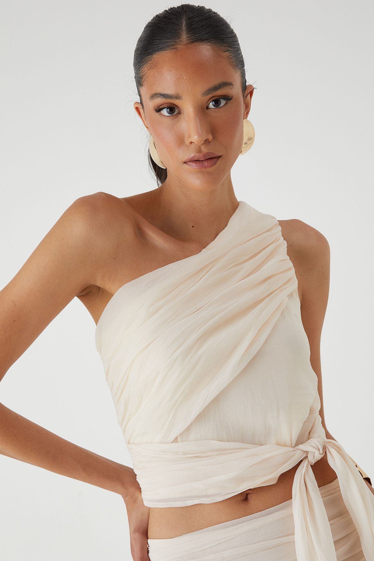MissPap One Shoulder Knot Drape Top Cream image 2