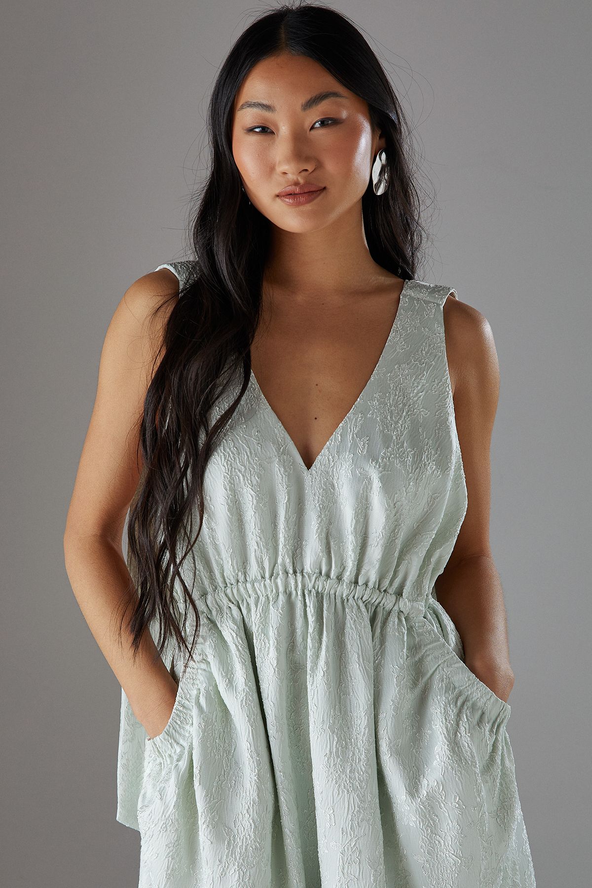 Warehouse Petite Jacquard Plunge Tie Pocket Midi Dress Sage image 3