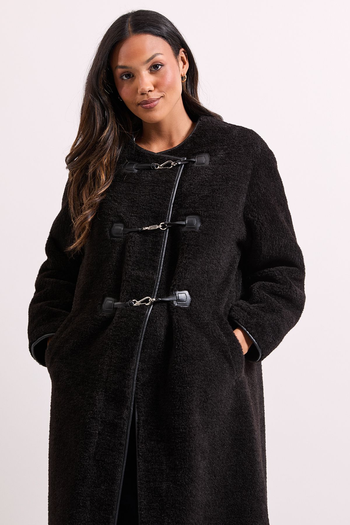 Dorothy Perkins Toggle PU Detail Borg Coat Black image 2