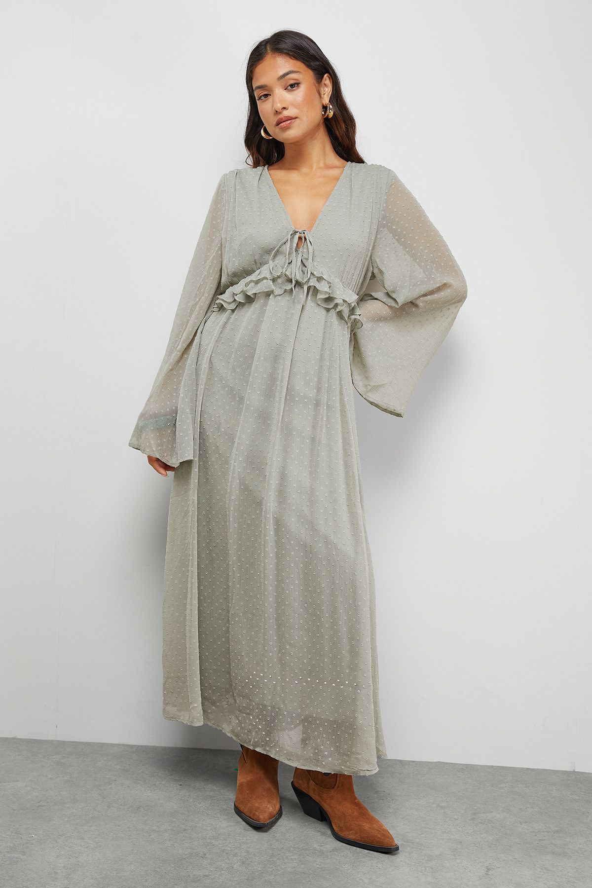 Warehouse Petite Dobby Chiffon Plunge Neck Ruffle Midi Smock Dress Khaki
