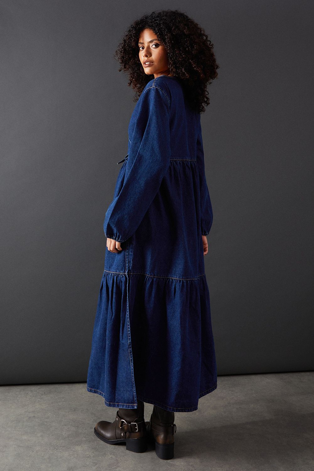 Warehouse Denim Wrap Midi Smock Dress Dark Wash image 3