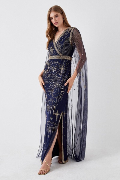 Coast Celestial Hand Embellished Cape Back Maxi Dress Navy