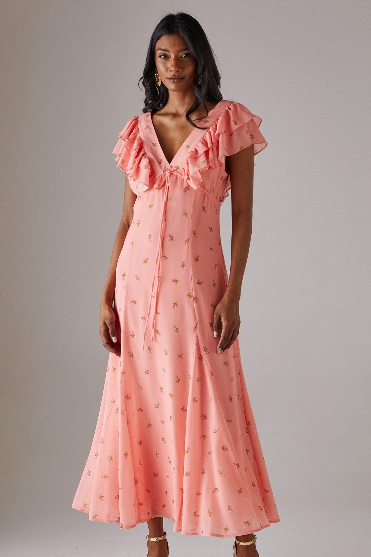 Warehouse Floral Frill Tie Front Midi Tea Dress Peach image 4