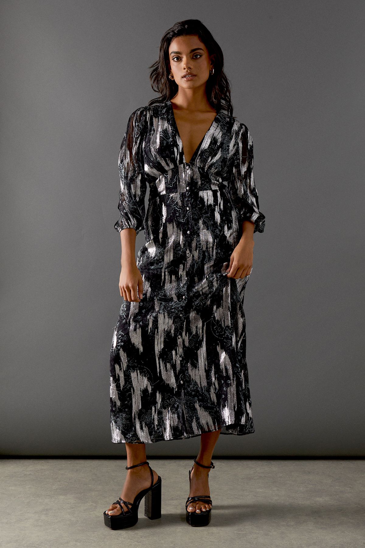 Warehouse Metallic Paisley Jacquard Plunge Neck Button Through Midi Dress Grey