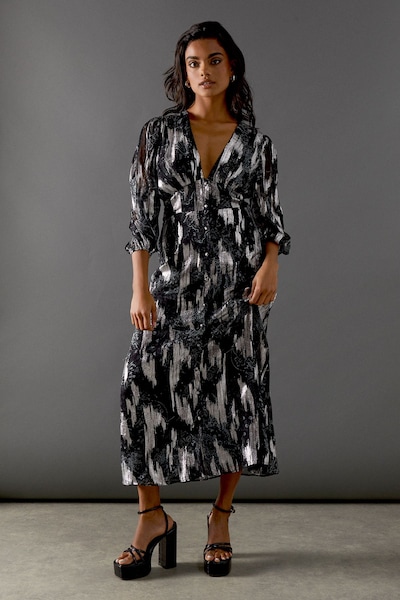 Warehouse Metallic Paisley Jacquard Plunge Neck Button Through Midi Dress Grey