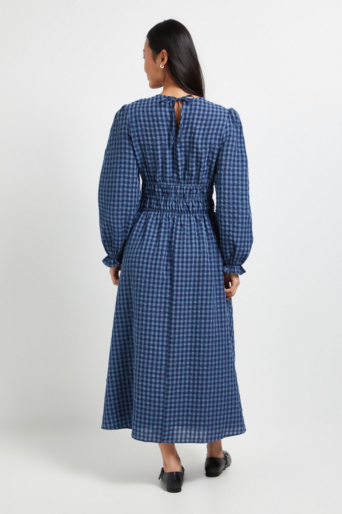 Dorothy Perkins Petite Shirred Waist Tie Detail Gingham Midaxi Dress Blue image 3