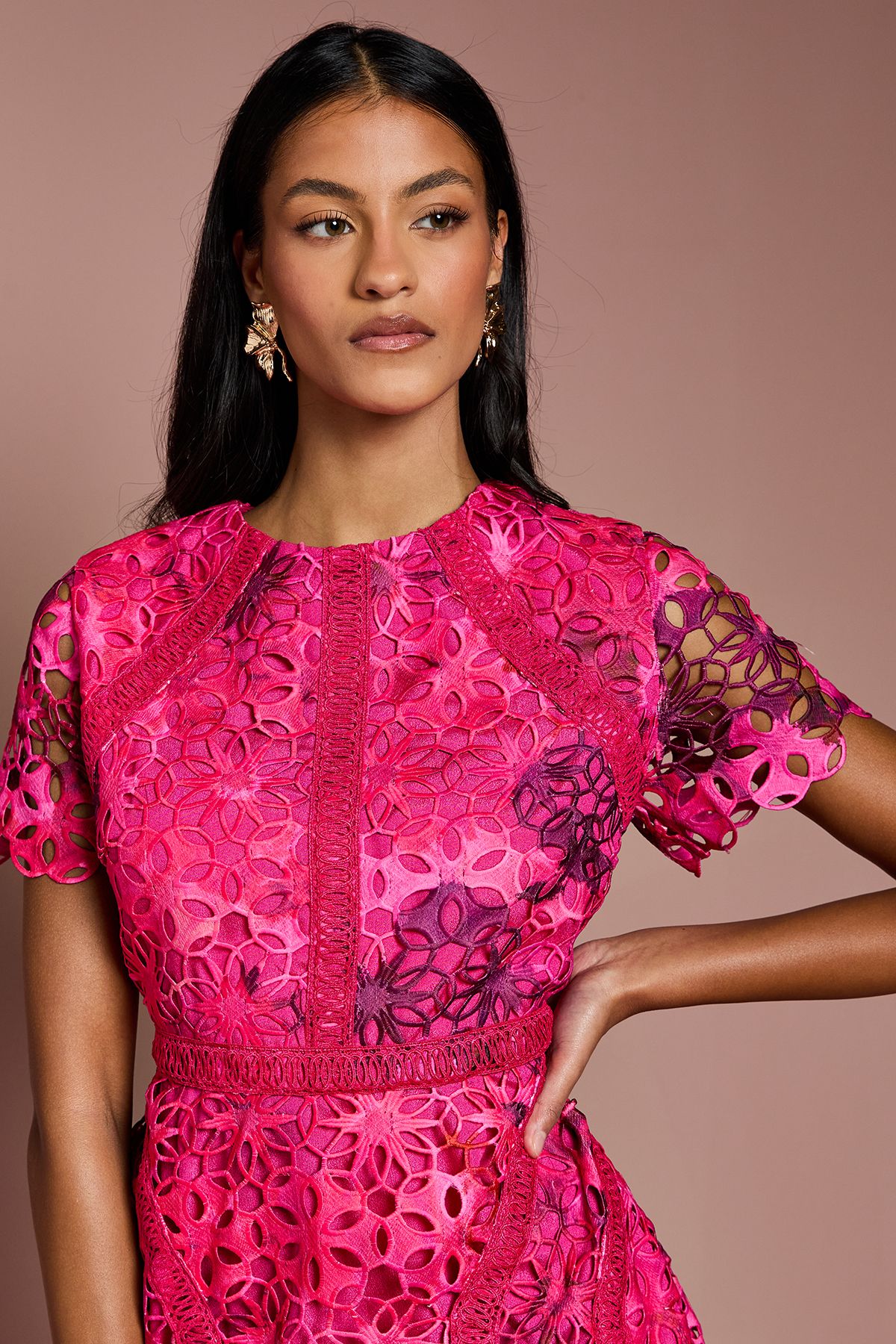 Coast Petite Printed Lace Midi Pencil Dress Pink image 4