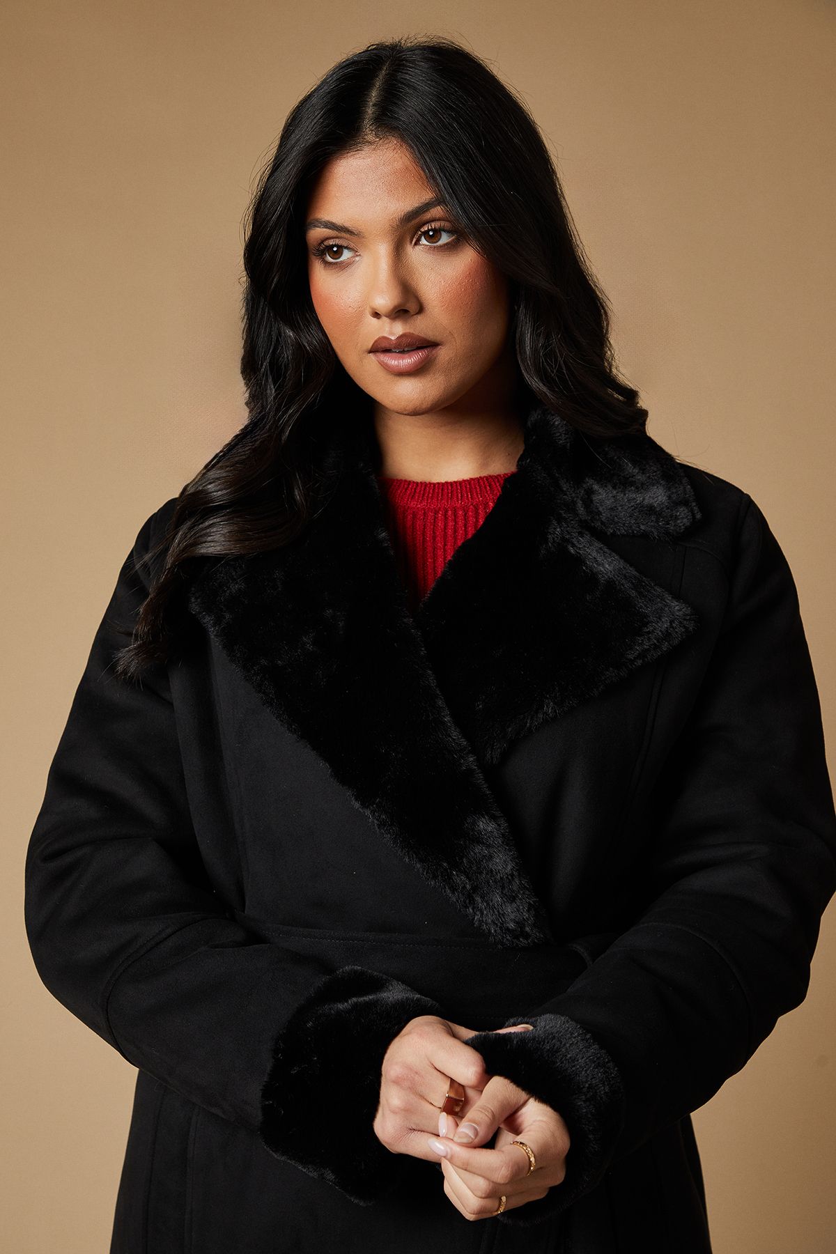 Oasis Fur Lined Belted Suedette Coat Black image 4