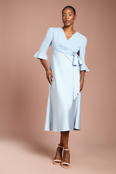Coast Ruffle Sleeve Satin Back Crepe Wrap Dress Pale Blue