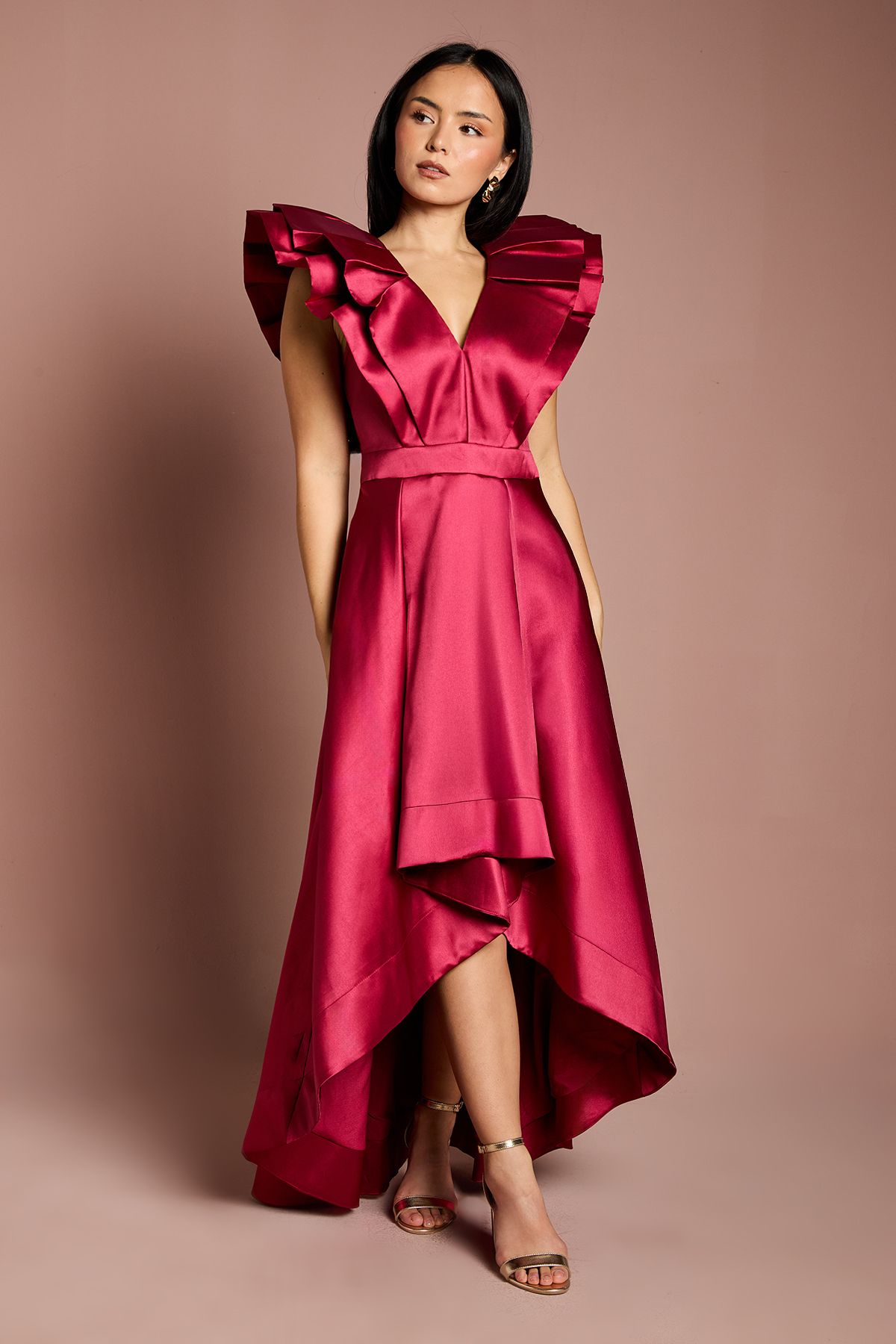 Coast Petite Frill Sleeve V Neck Midi Dress Red image 1