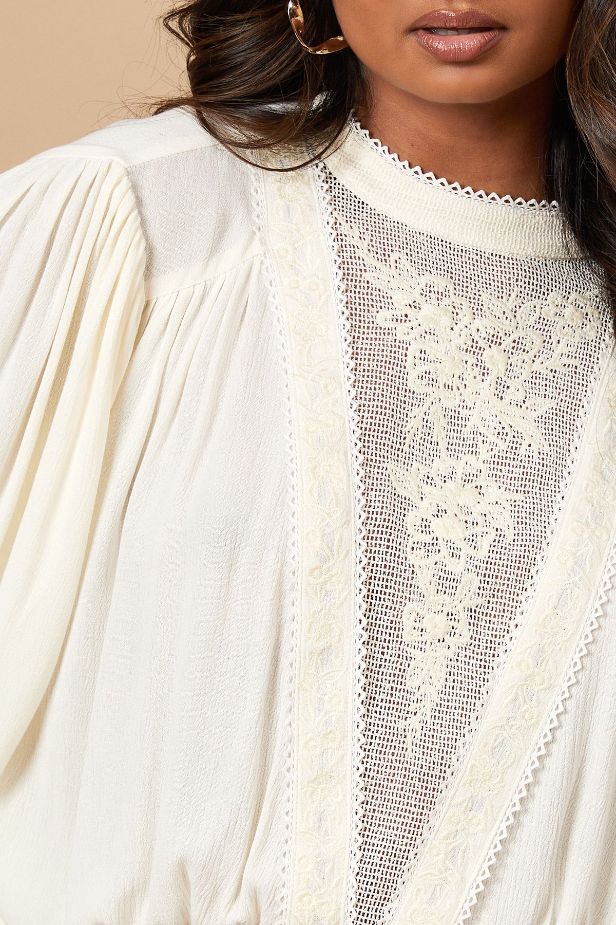 Oasis High Neck Lace Embroidered Long Sleeve Blouse Cream image 4