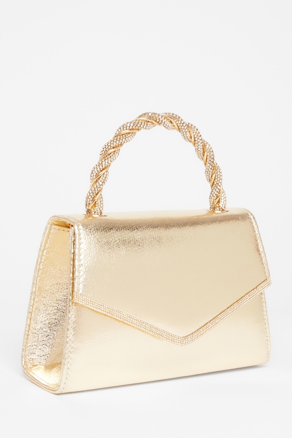 Quiz Gold Diamante Twist Top Handle Bag