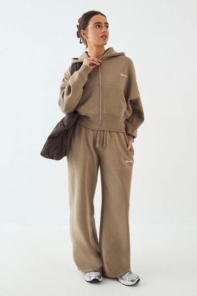 DSGN Studio DSGN Studio Deep Hem Boxy Crop Zip Through Hooded Tracksuit Khaki