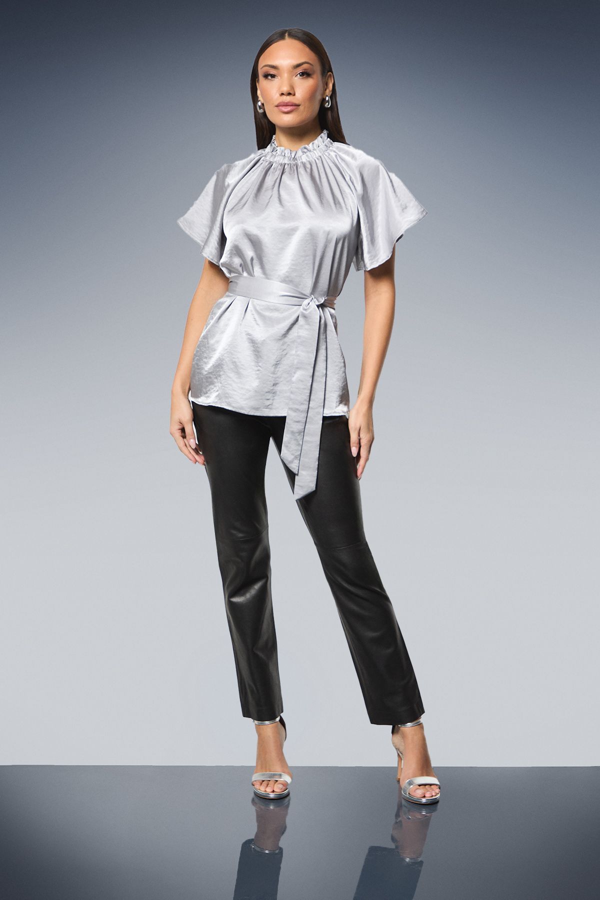 Principles Gathered Neck Tie Waist Satin Blouse Silver