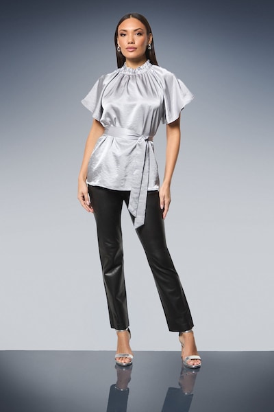 Principles Gathered Neck Tie Waist Satin Blouse Silver