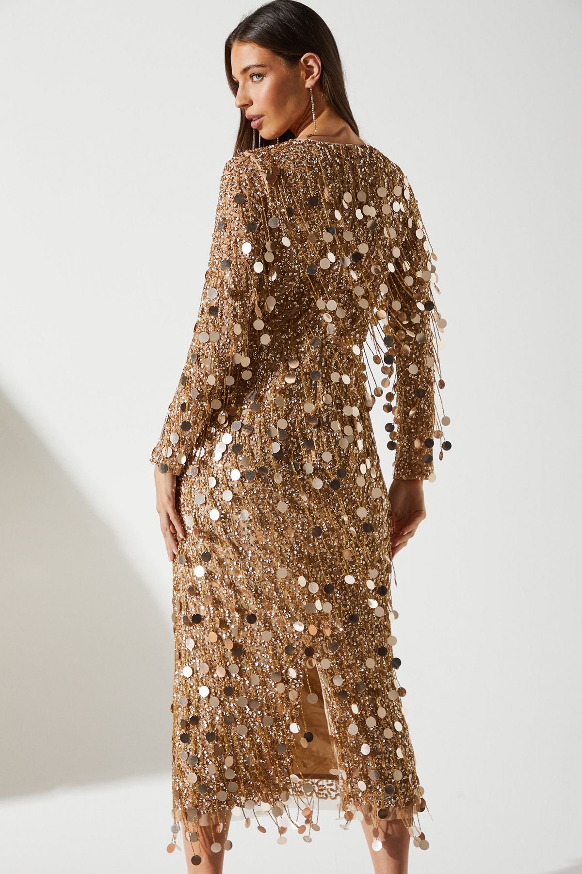 Coast Sequin Long Sleeve Midi Dress Gold image 3