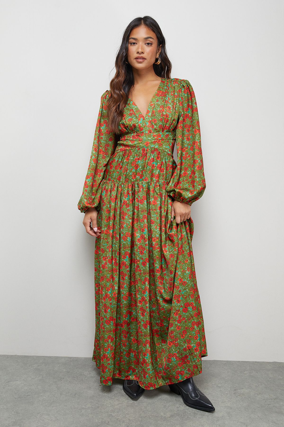 Warehouse Petite Premium Satin Open Back Maxi Dress Olive image 2