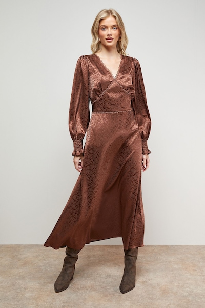 Oasis Jacquard Satin Midi Dress Chocolate