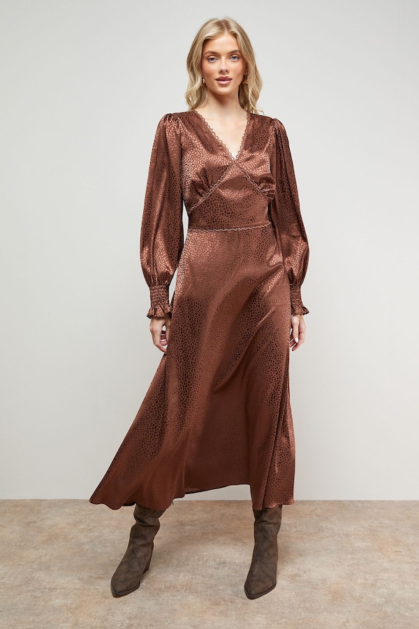 Oasis Jacquard Satin Midi Dress Chocolate