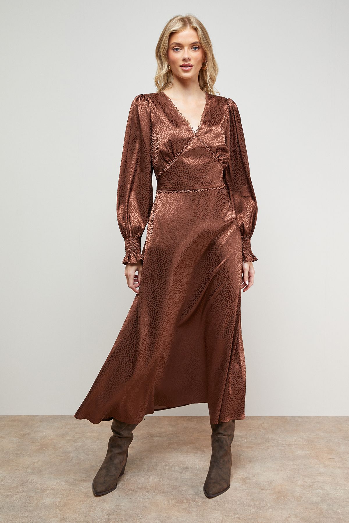 Oasis Jacquard Satin Midi Dress Chocolate image 1