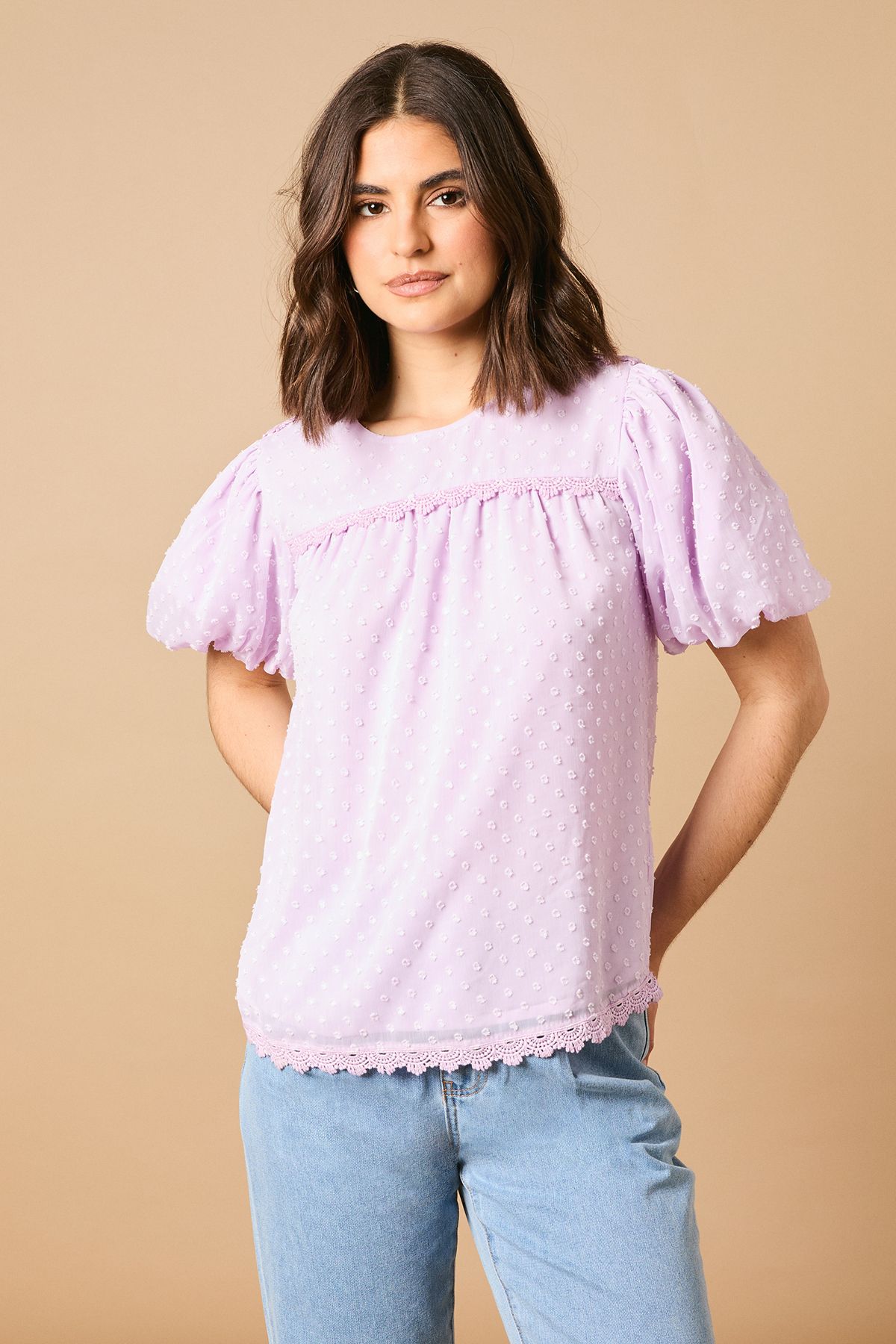 Oasis Lace Trim Puff Sleeve Blouse Purple image 2