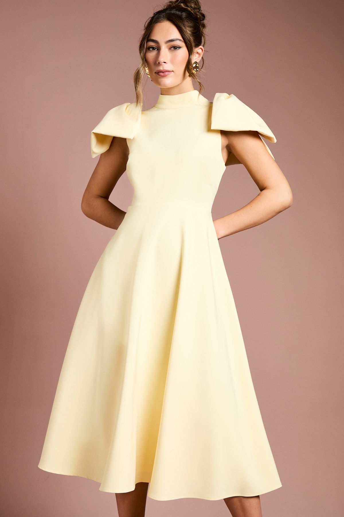 Coast Bow Shoulder Crepe Midi Dress Lemon