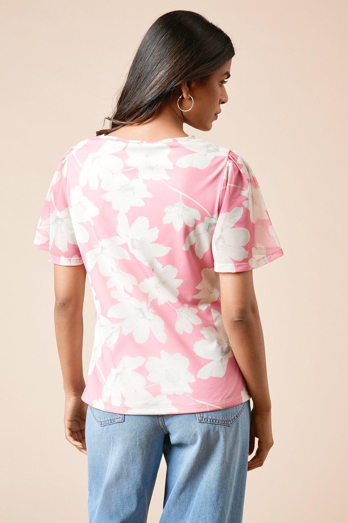 Dorothy Perkins Petite Pink Floral Keyhole Ruched Front Angel Sleeve Jersey Mesh Top Pink image 3